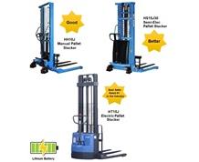 PALLET STACKERS THAT ARE MANUAL, SEMI-ELECTRIC AND FULL ELECTRIC W/ADJUSTABLE BASE LEGS